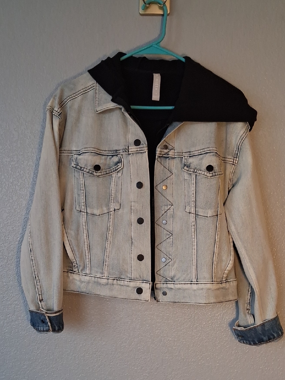 Athleta Light Wash Denim Jean Jacket with Black Hood